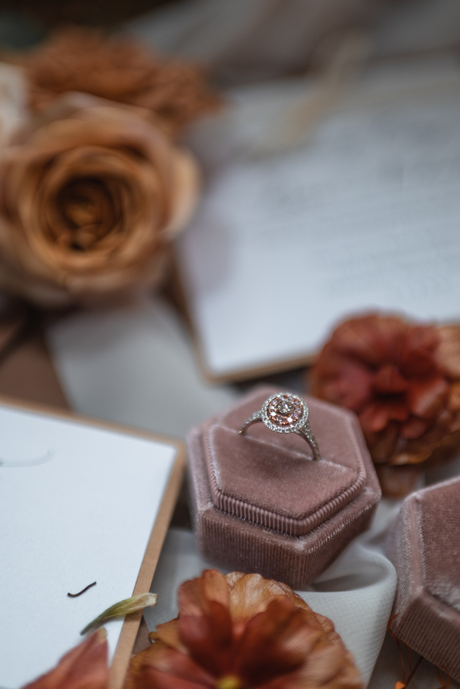 Boho styled engagement ring with pink stones