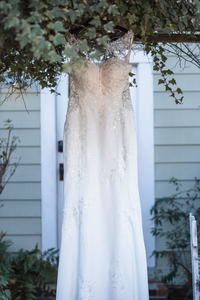 Stunning wedding dress displayed under bed of English ivy at barn inspired venue