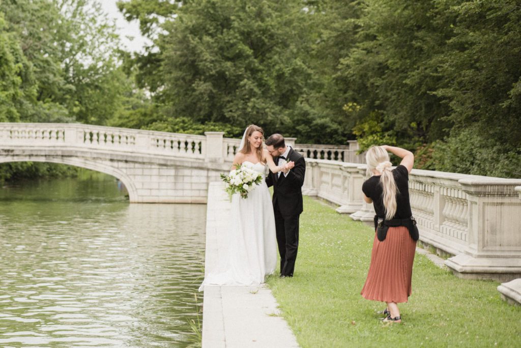 St louis wedding photographer takes portraits of Missouri wedding couple at a very popular engagement, proposal, and portrait location forest park