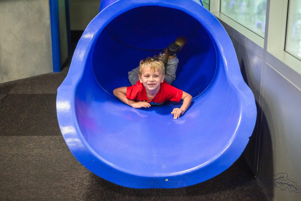 Young boy plays on slide in the humphrey terminal Minneapolis airport playground before flight to st louis airport